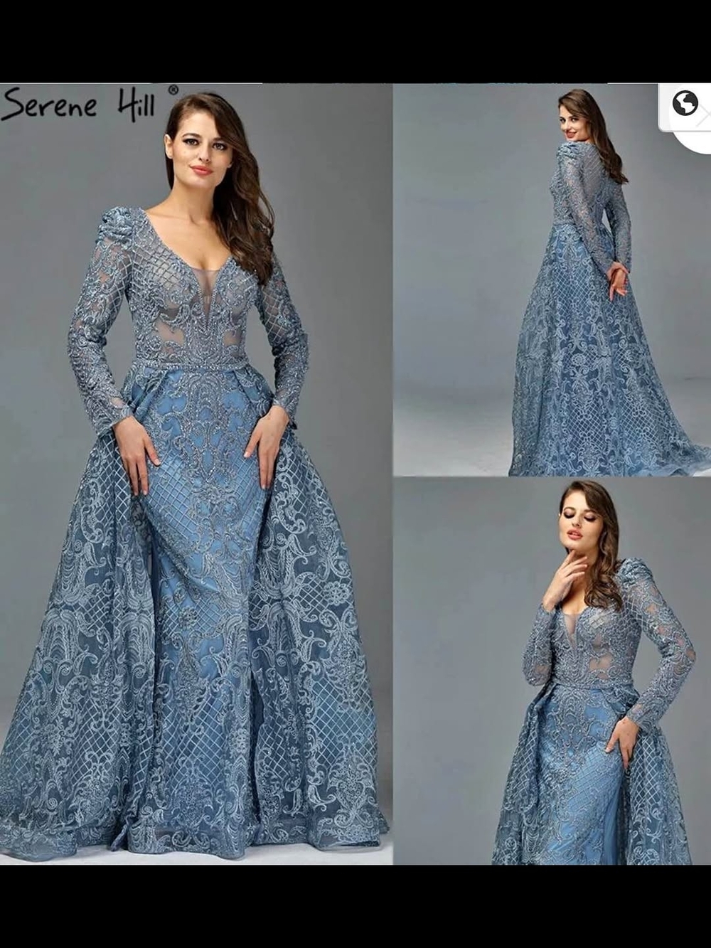 Blue Long Sleeve Lace Evening Gown